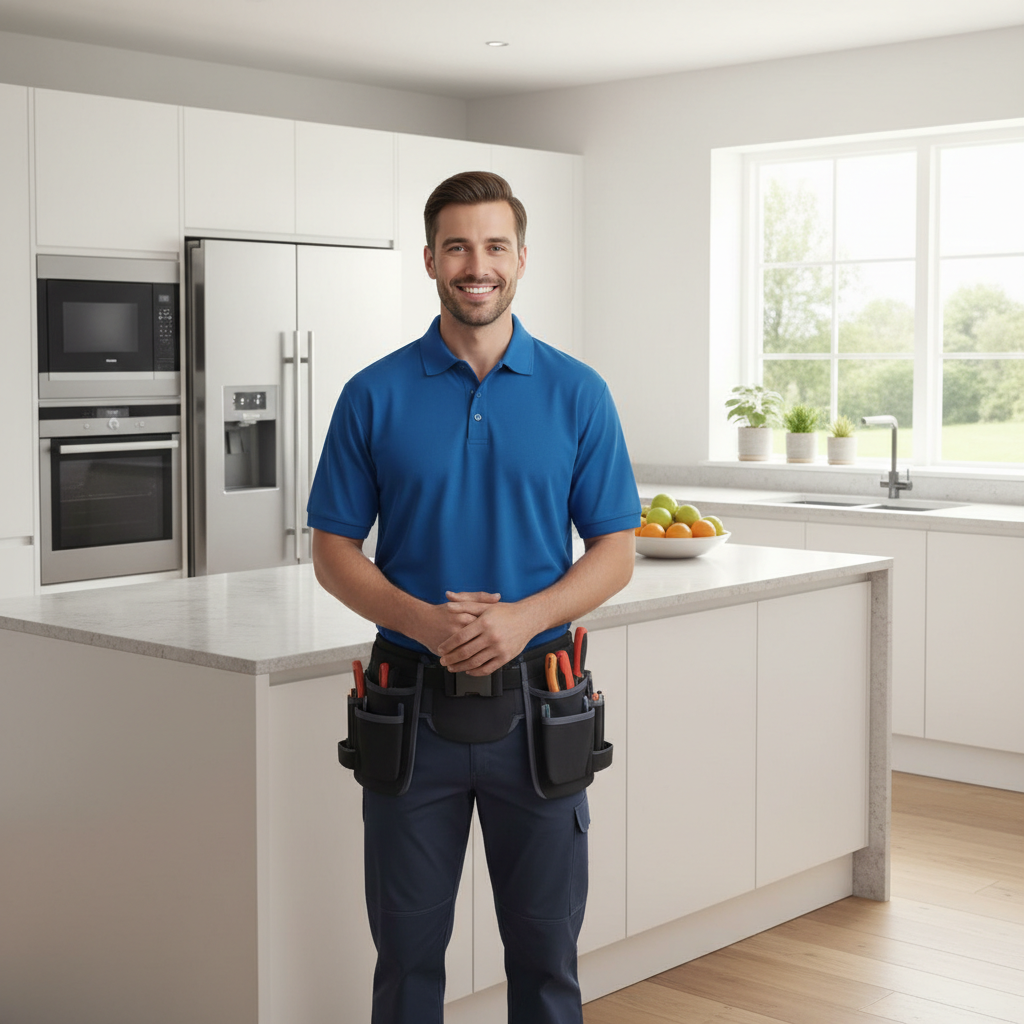 Smiling appliance repair technician in a modern kitchen
