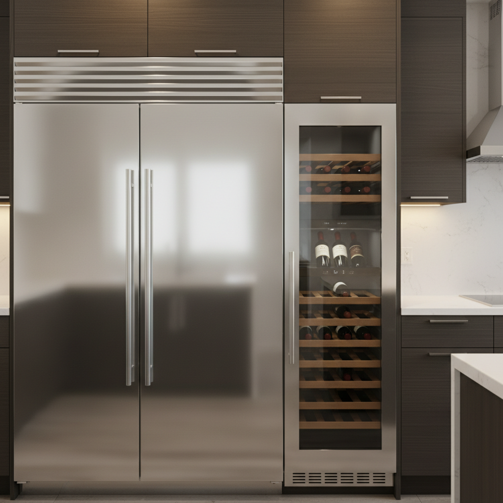High-end Thermador-style refrigerator and wine cooler