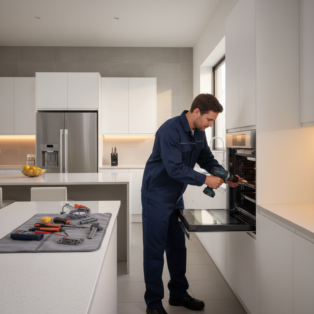 Technician repairing a built-in oven